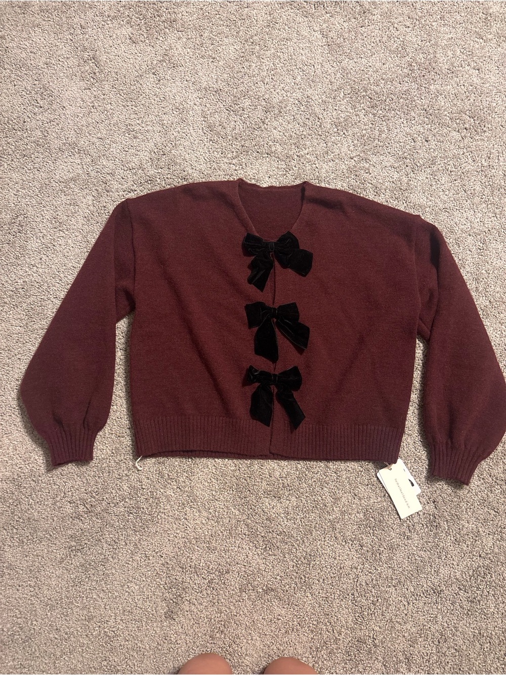 NWT Commense Burgundy Cardigan with Black Velvet Bows